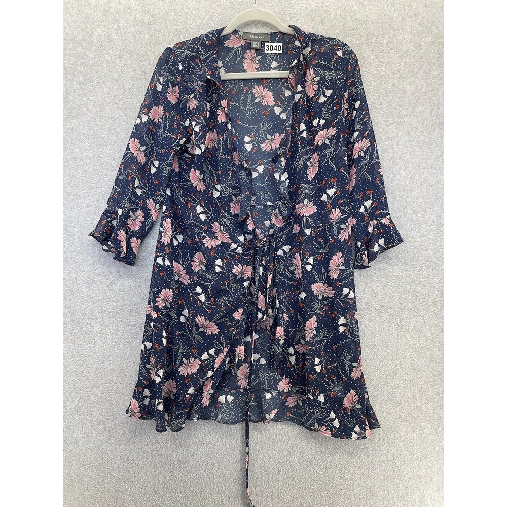 Primark Women's Sheer Cardigan Coverup Blue Floral Size 4 Short Sleeve